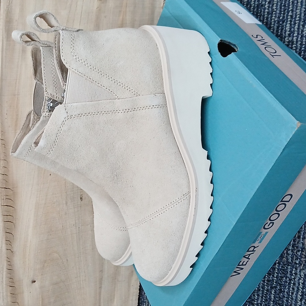 Toms Maude Wedge Chelsea Boot Oatmeal Tan Leather Upper Ankle Bootie Zip Size 8 - Picture 4 of 10